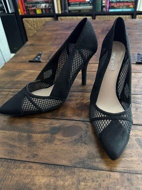 Sz 8 Nine West Black Mesh & Suede Pointed Pumps Party Sexy Abstract